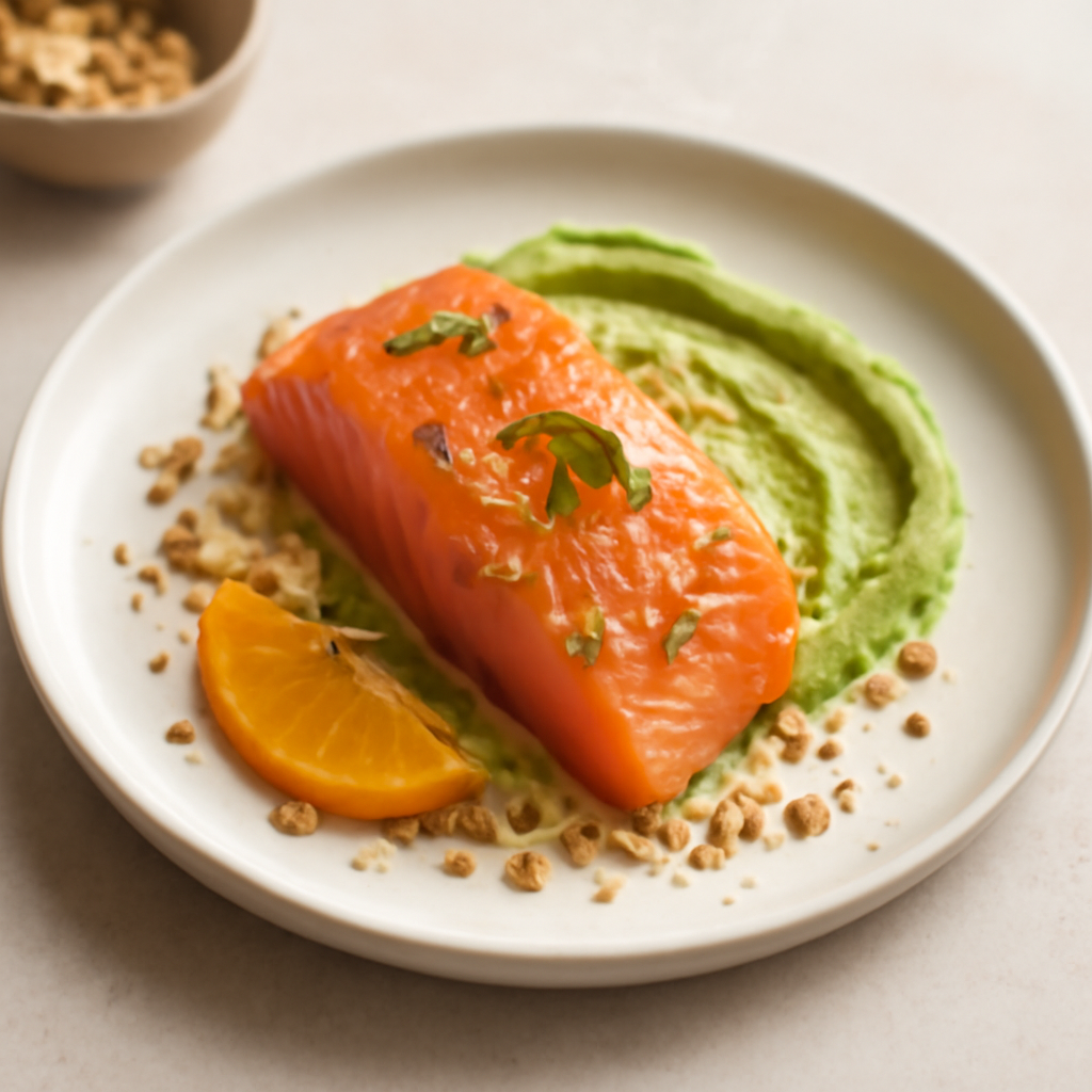Salmone marinato all’ arancia con crema di zucchine su granella di nocciole