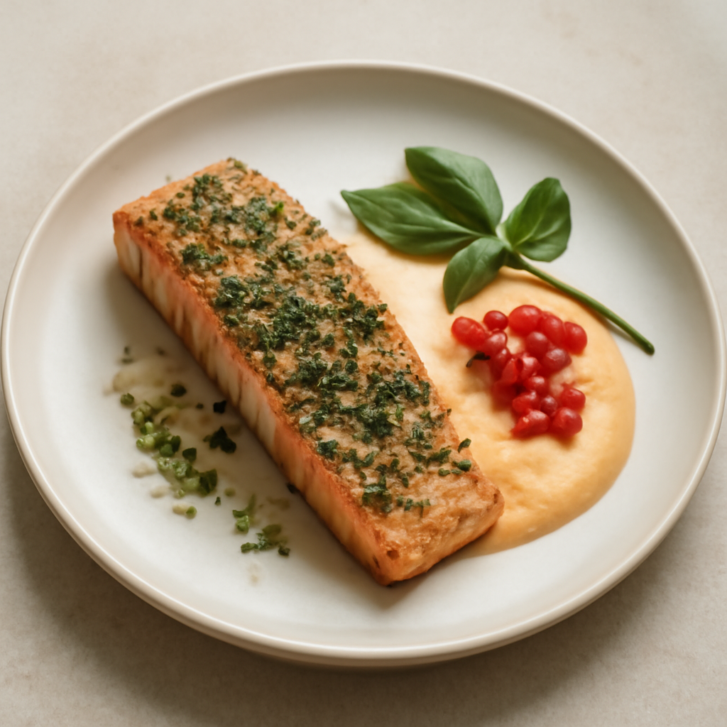 salmone marinato alle erbe con crema di papaya e ribes.