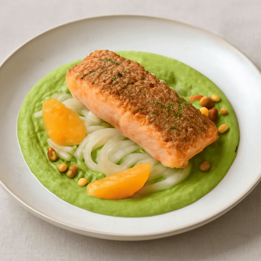 Salmone sabbiato su finocchi e crema di piselli
