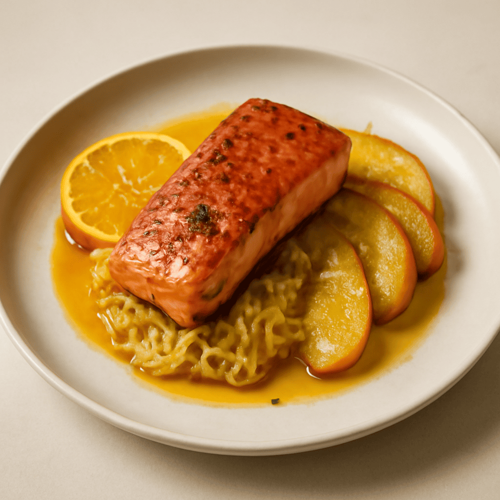 Salmone sfumato alla birra con riso thai all’arancia e mele caramellate