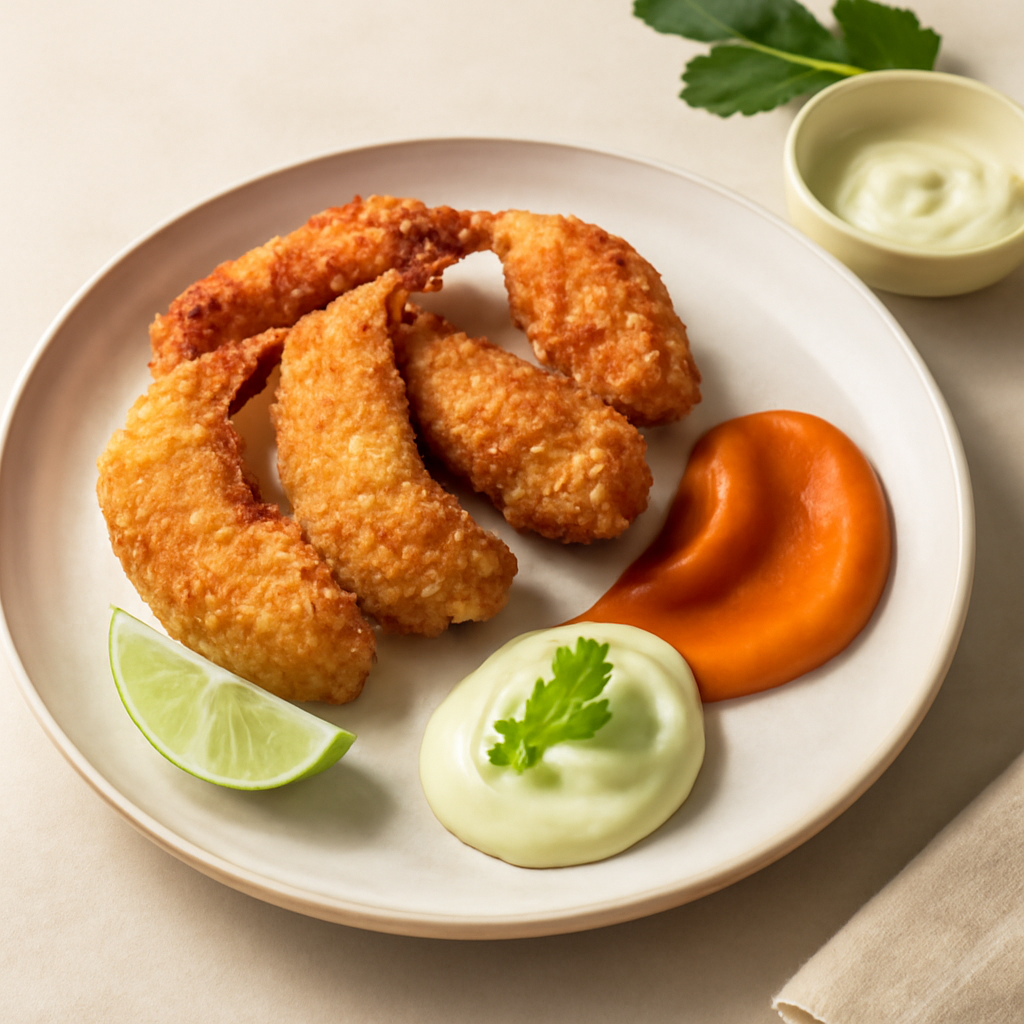 Scampi fritti con salsa alla paprika e maionese alla menta