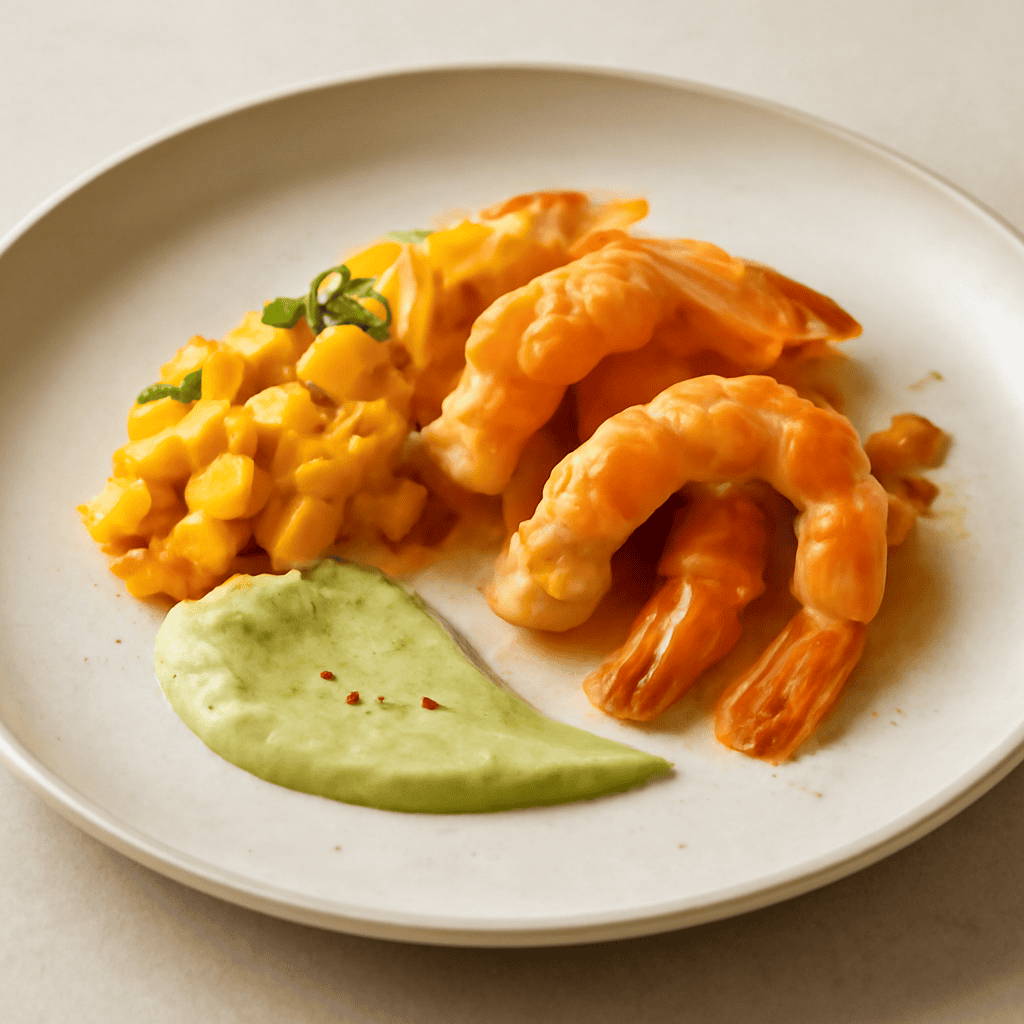 scampi marinati al mango e arancia con salsa di avocado piccante