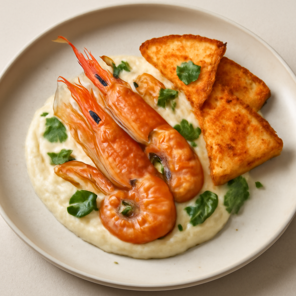 Scampi scottati serviti su una crema di finocchi e crostini di pane tostato aromatizzato allo zafferano e paprica dolce