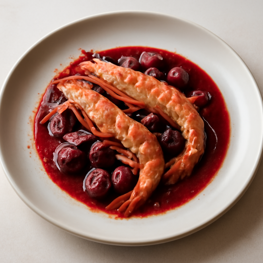 Scampi speziati in salsa di ciliegie