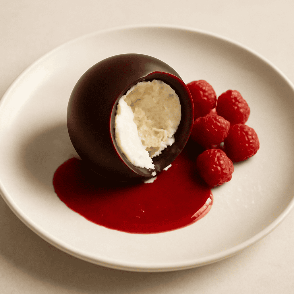 Semifreddo al Baileys in sfera di cioccolato con coulis di lamponi