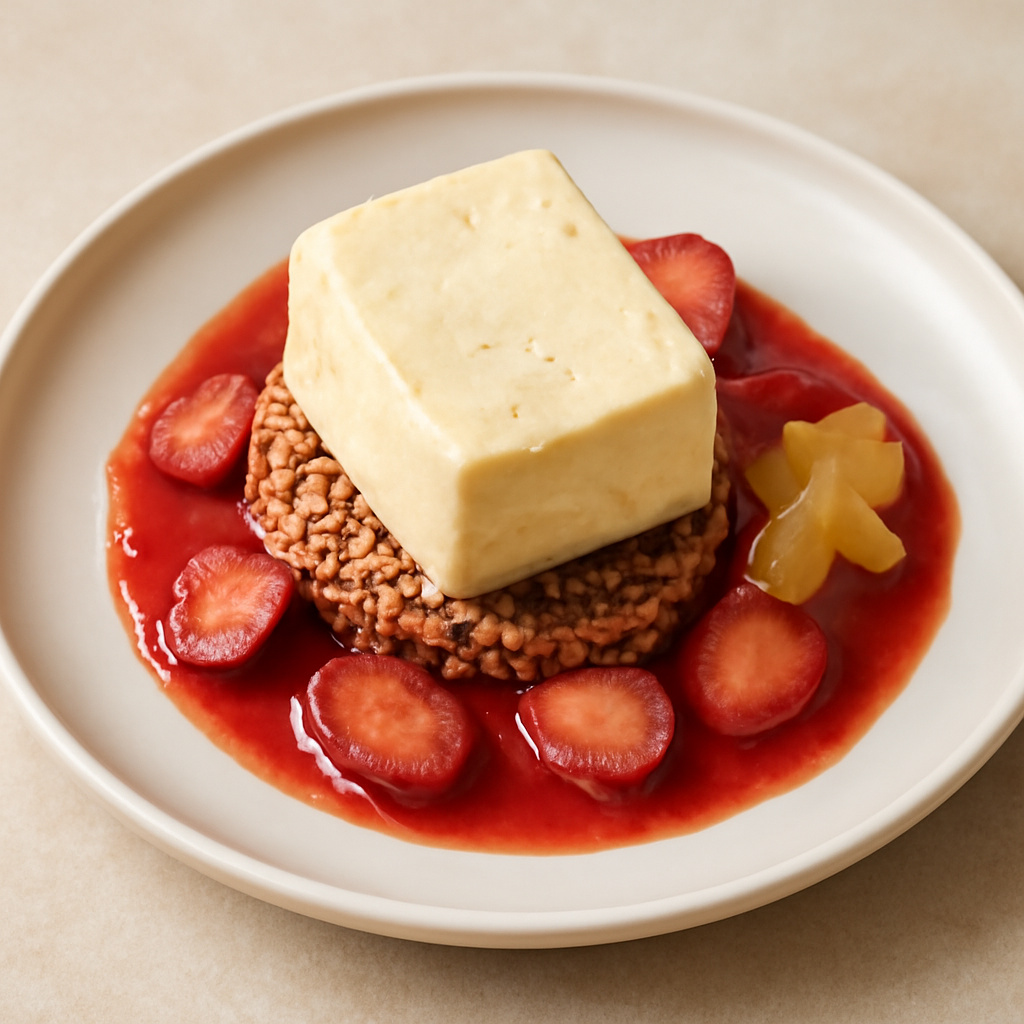 Semifreddo al miele su cialda di farro soffiato con salsa di fragole e zenzero