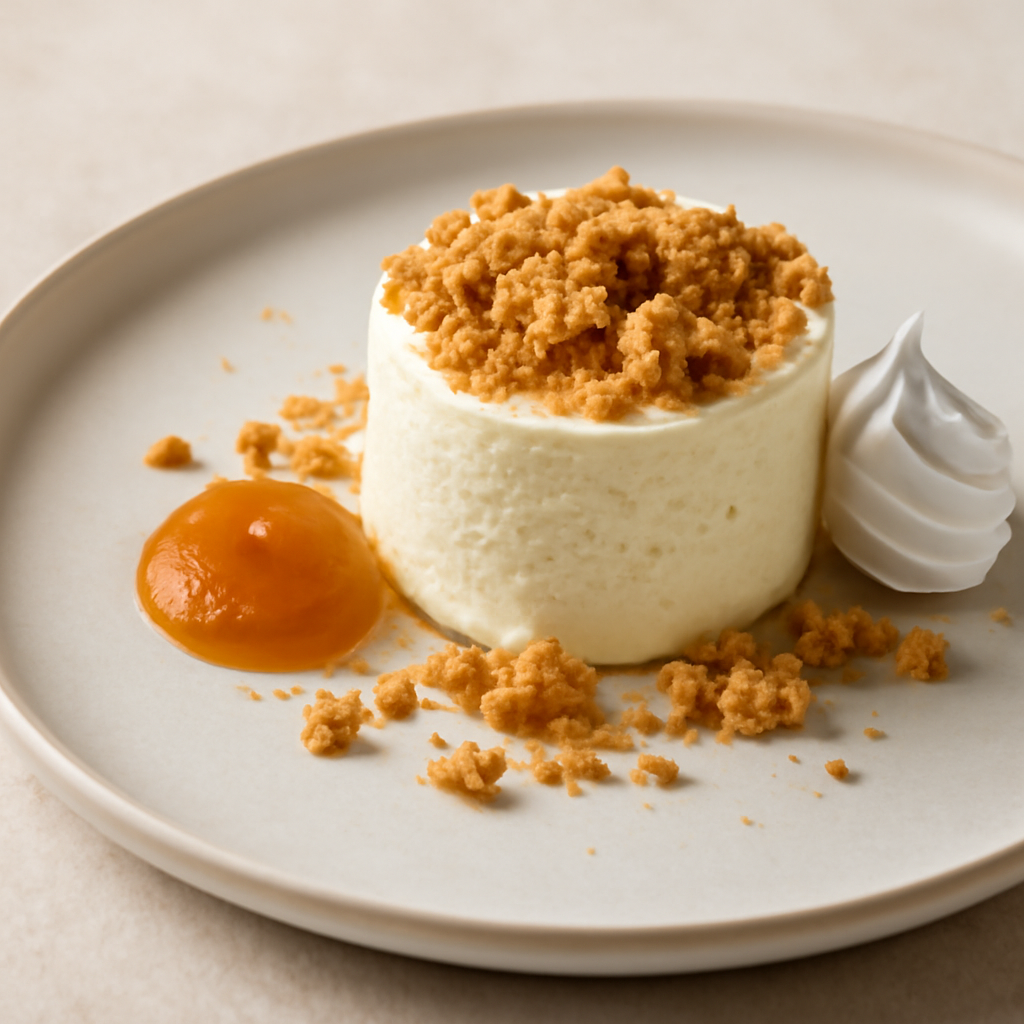 Semifreddo allo yogurt e amaretti con crumble alla cannella e gelé alla pesca