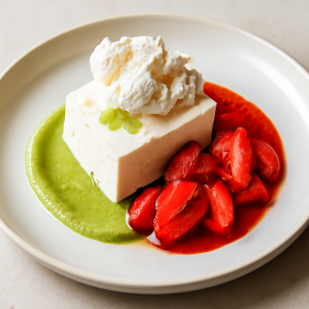 Semifreddo con Meringa e cioccolato bianco su letto di fragole e purea di sedano.