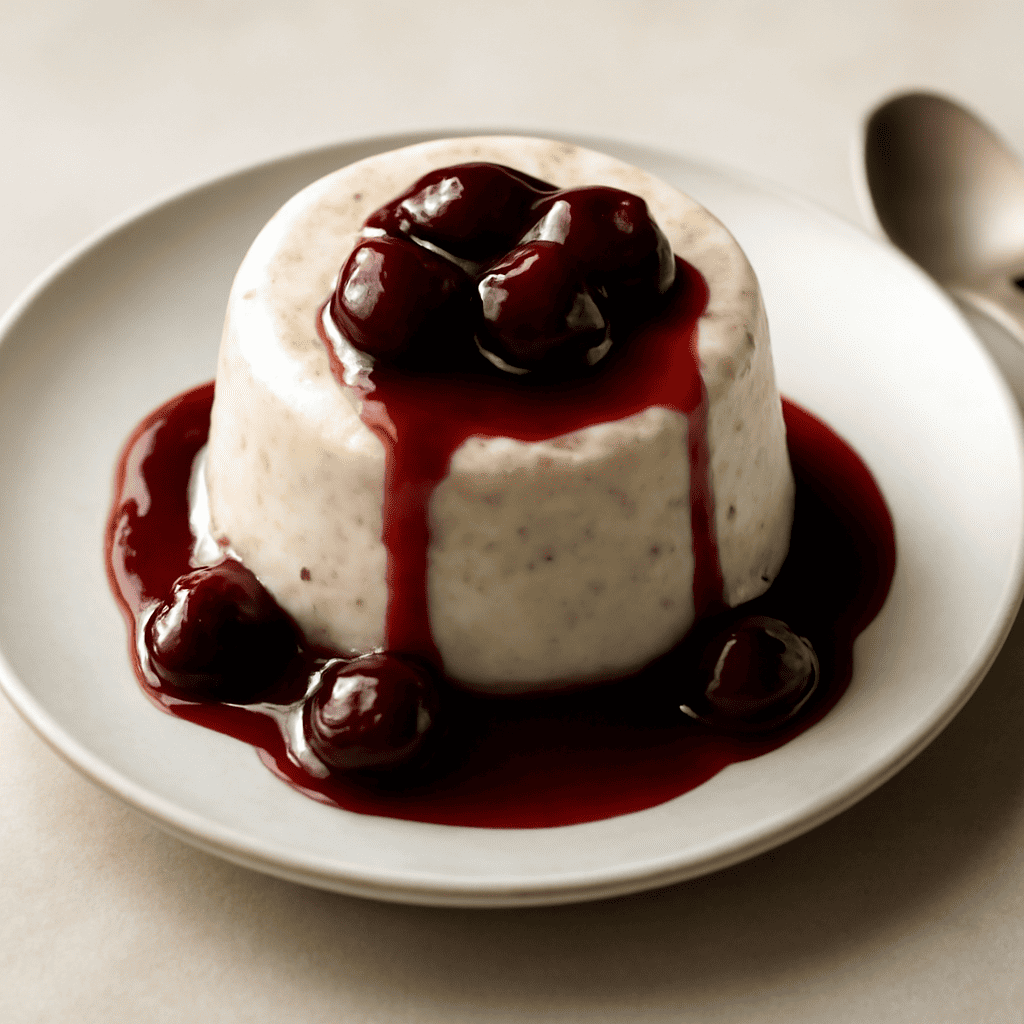 semifreddo di riso cannella e bacche di ginepro, con salsa di ciliegie