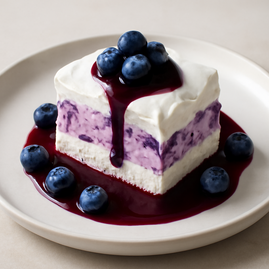 Semifreddo mirtilli e crema con coulis di mirtilli.