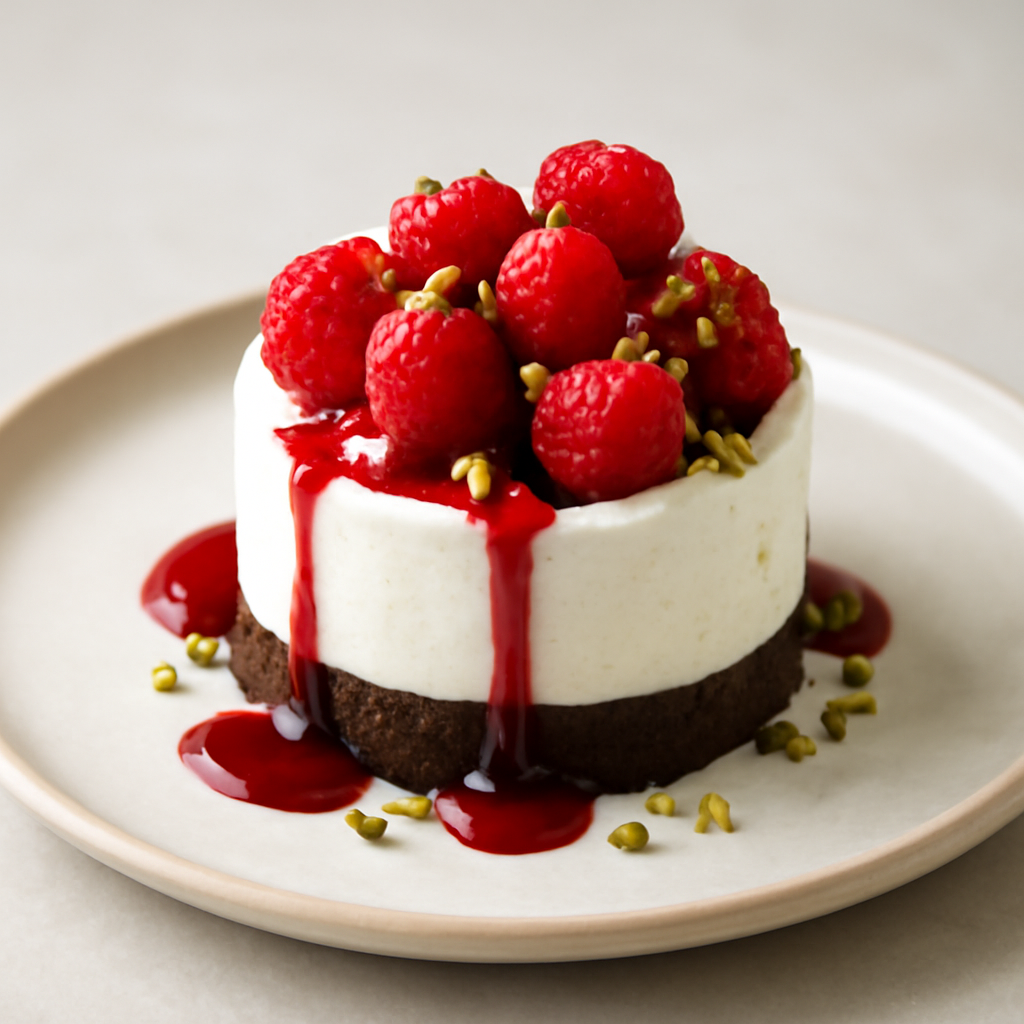 Semifreddo philadelphia e lamponi con granella di pistacchi su bisquit al cacao