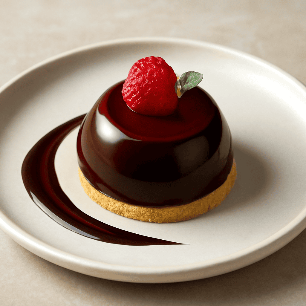 semisfera di mousse cioccolato fondente e gelee ai lamponi