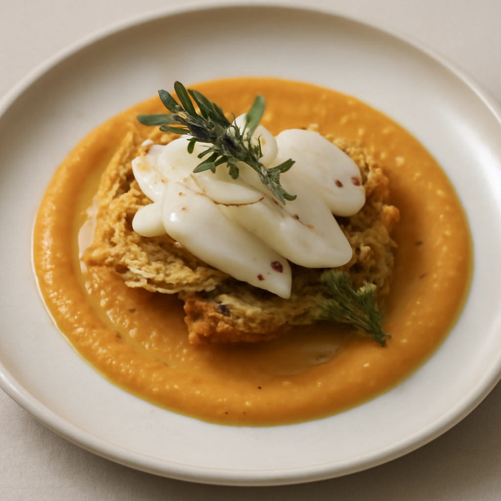 Seppia al vapore su fiore di zucca fritto con crema di zucca