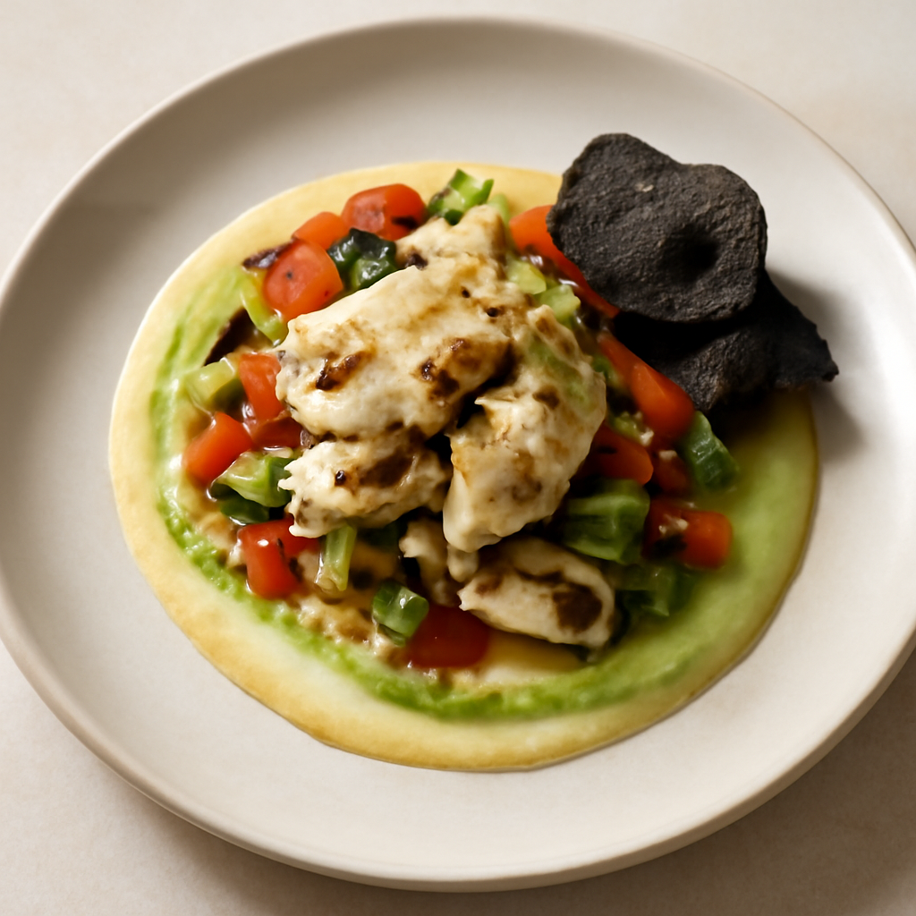 SEPPIA CON VERDURE SU CREMA ALLO ZENZERO SALSA AL SEDANO E CHIPS AL NERO