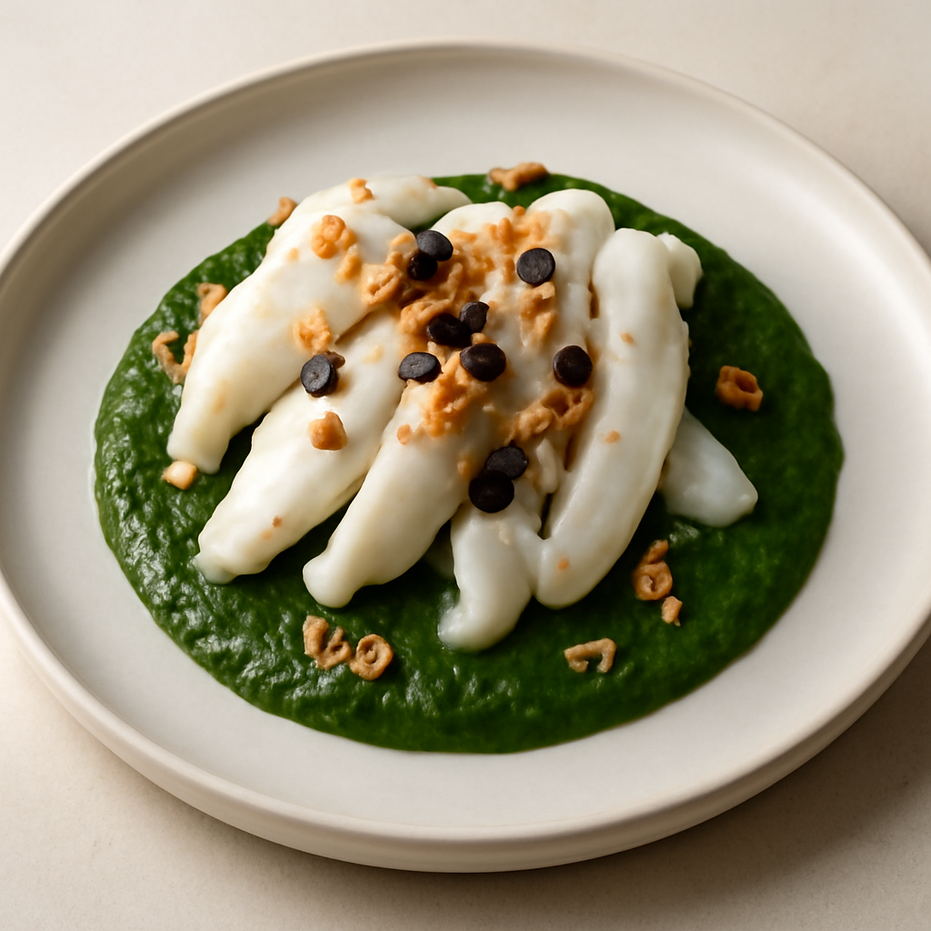 Seppie al vapore con granella di noci e caviale di aceto balsamico Su crema di spinaci aromatizzati al cardamomo