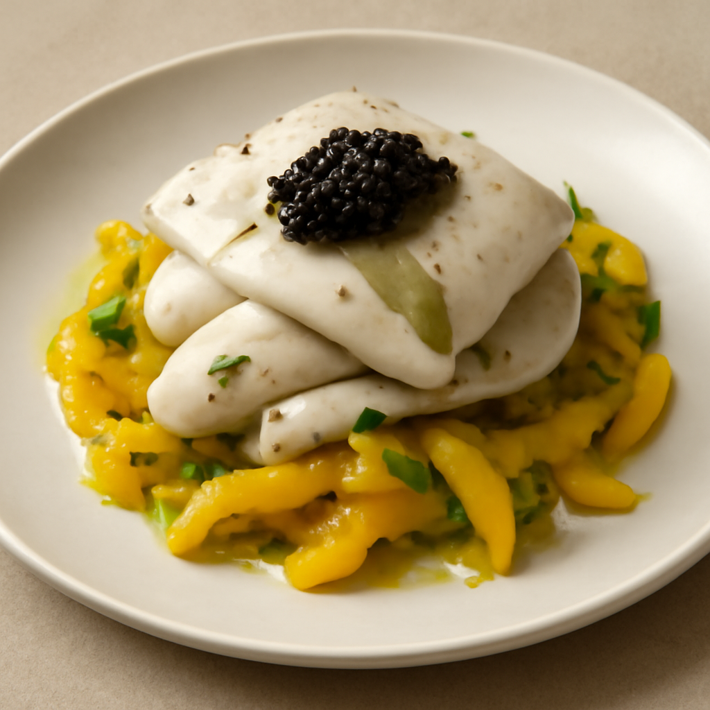 Seppie al vapore di tonka e alloro con caviale di aceto balsamico Su insalata di peperone giallo arrosto