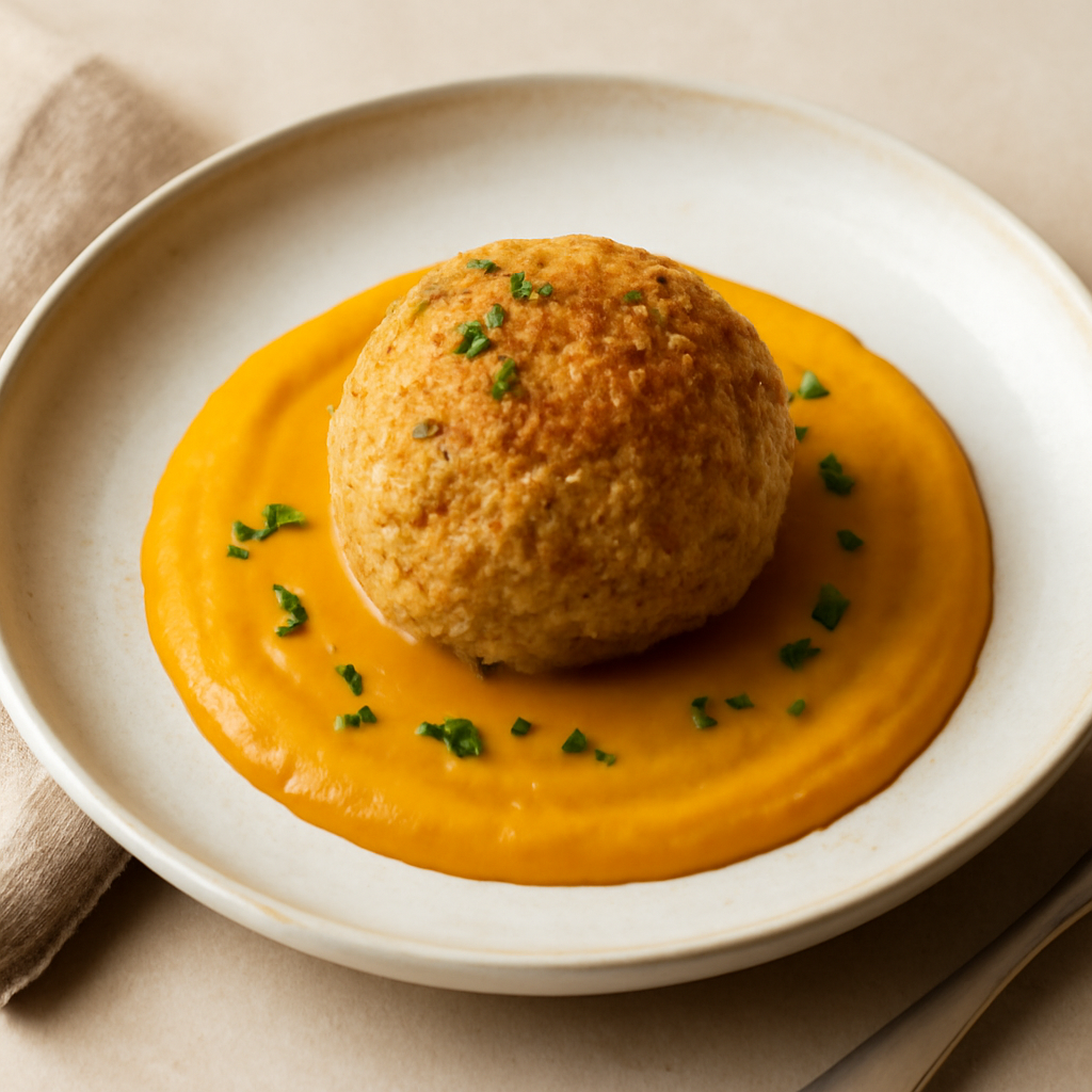 Sfera di pollo al curry con crema di zucca