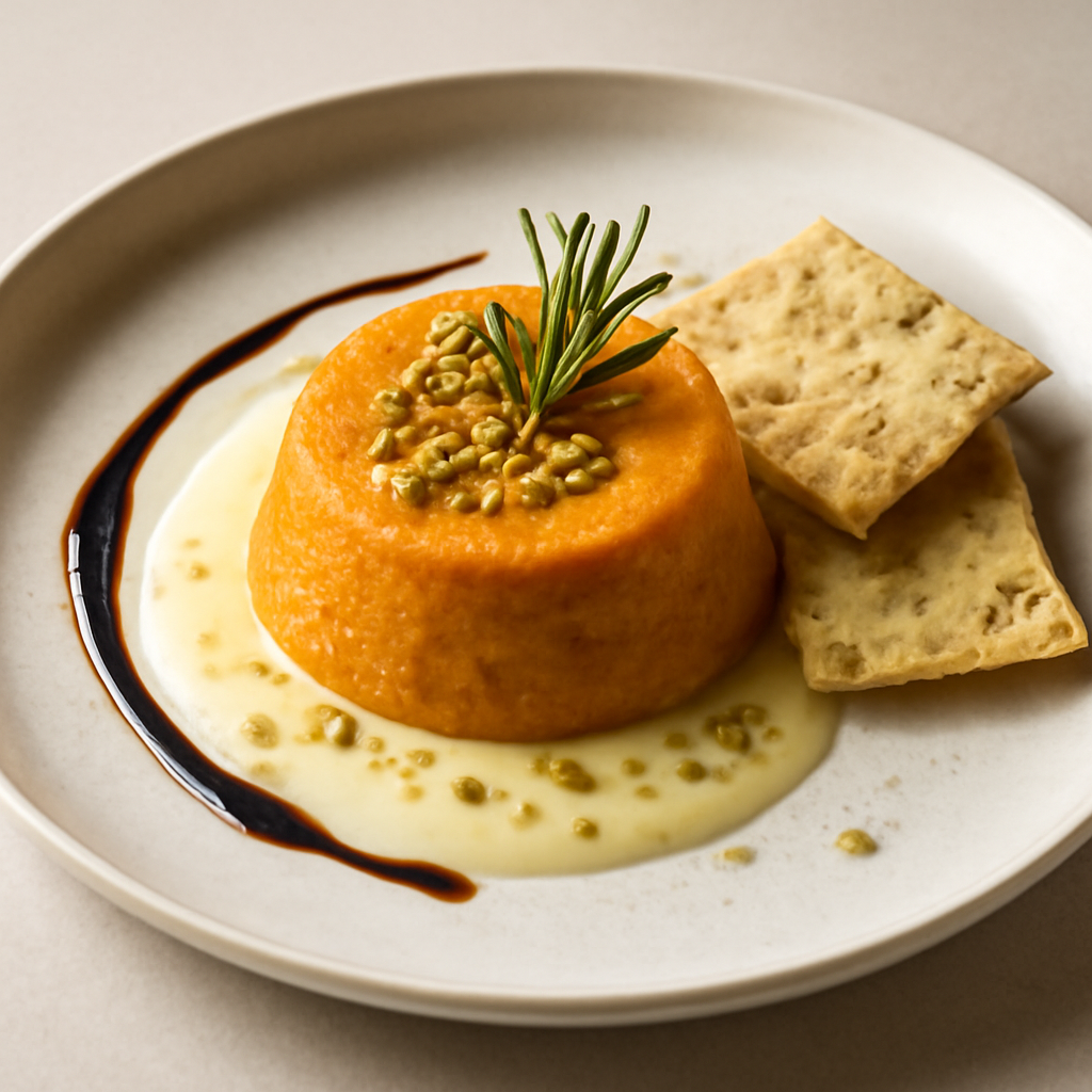Sformatino di zucca con zabaione al parmigiano, crakers al rosmarino, riduzione di aceto balsamico e pistacchi