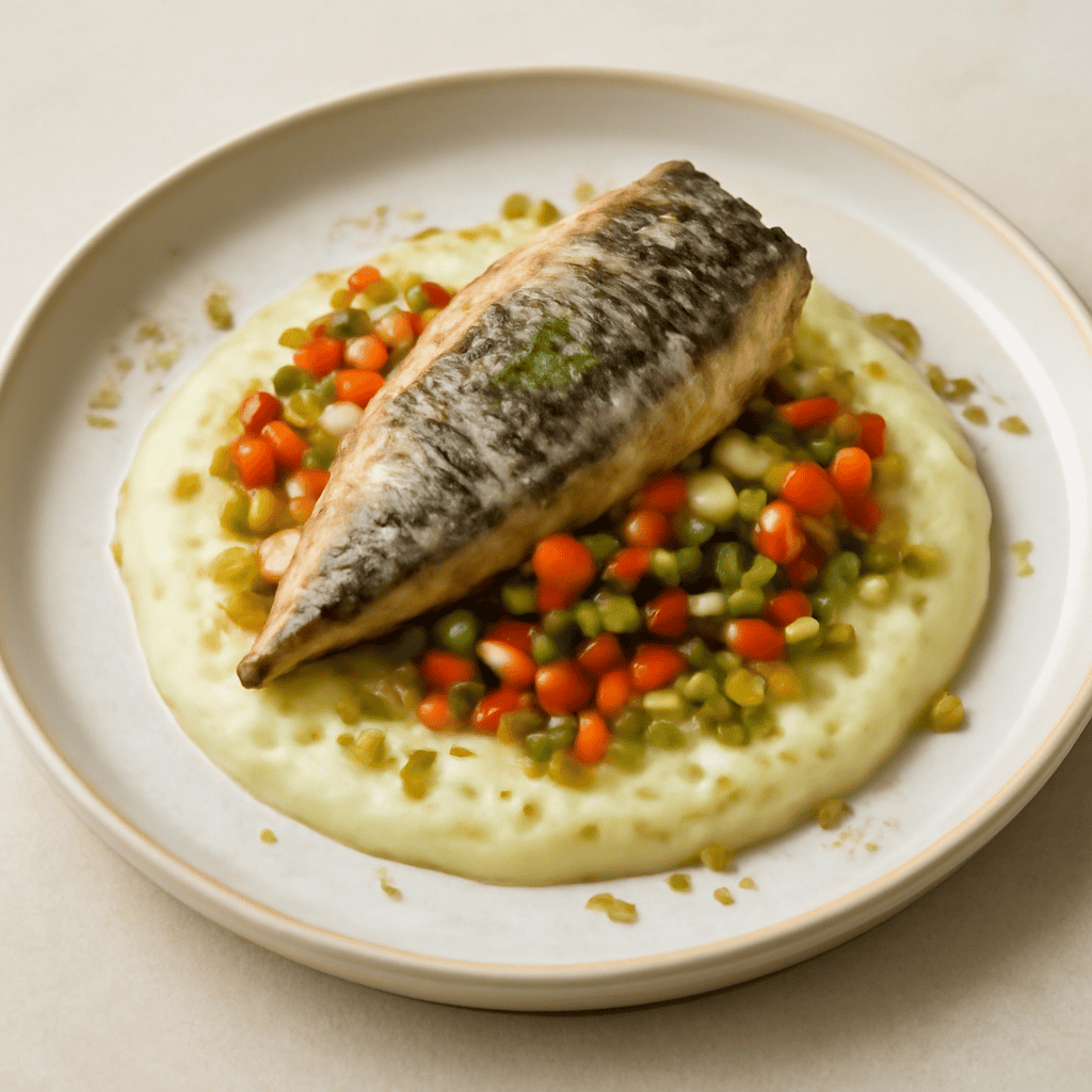 Sgombro con brunoise di verdure su vellutata di finocchio e granella di pistacchio