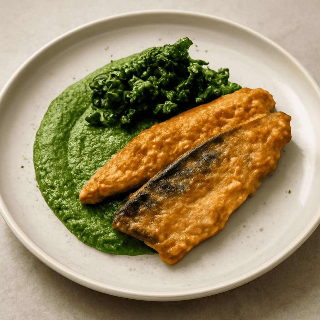 Sgombro in pastella alla birra scura con crema di cime di rapa