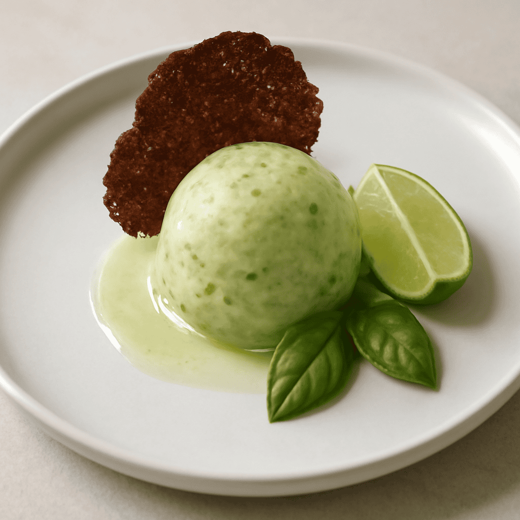 Sorbetto basilico e lime con cialda al cioccolato