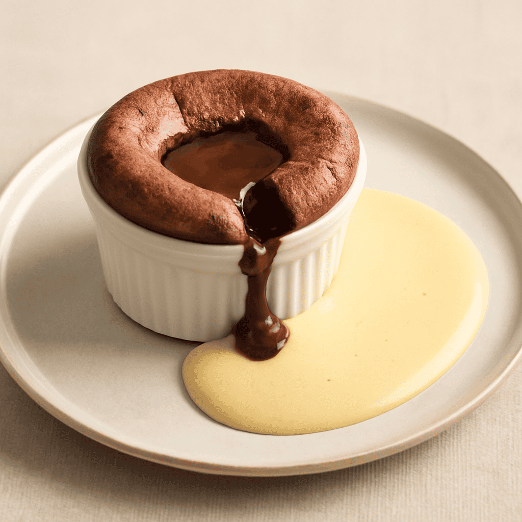 Soufflé con Cuore Caldo al Cioccolato accompagnato con Crema all’Inglese