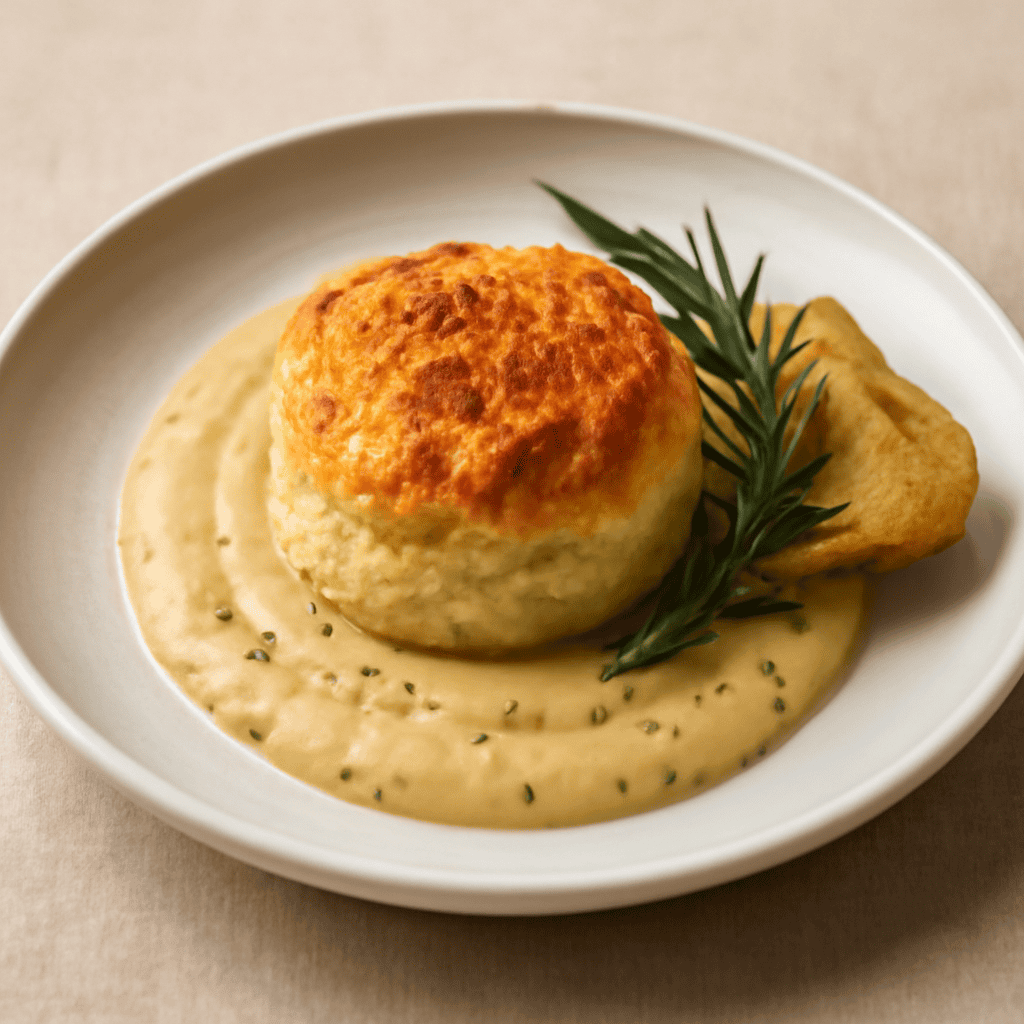 soufflè di baccalà su crema di ceci al rosmarino