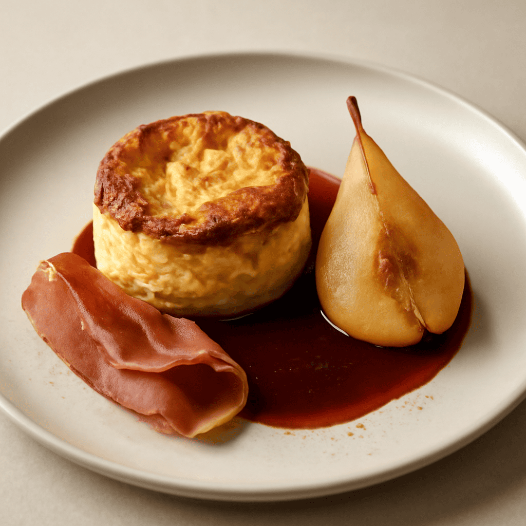 Soufflè di pecorino con pere al porto e speck