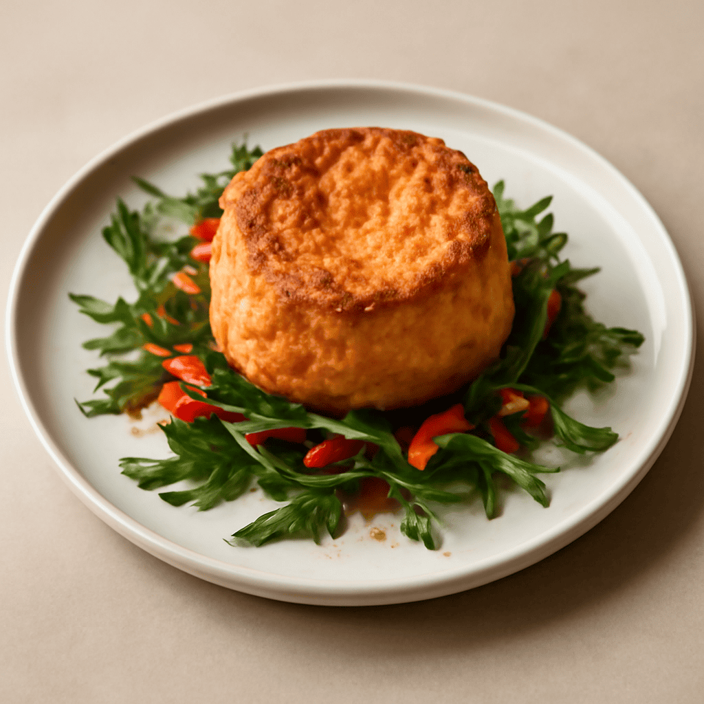 Soufflè di pomodoro su ragnatela di rucola e peperoni