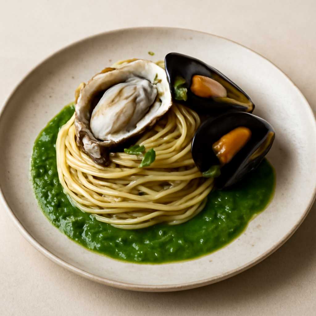Spaghetti al battuto di ostriche su specchio di prezzemolo