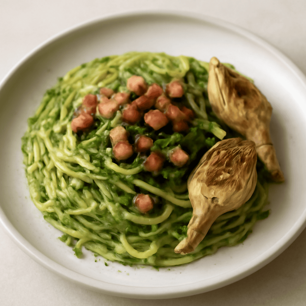 Spaghetti al verde fluo di zucchina e prezzemolo,con pancetta arrosto e carciofi