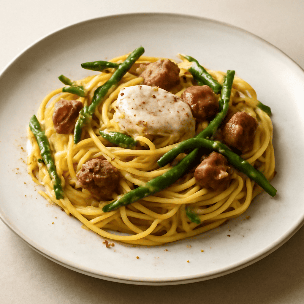 spaghetti alla chitarra con asparagi selvatici e salsiccia di nocia