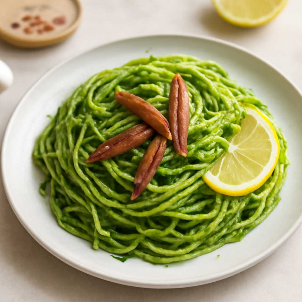 Spaghetti alla crema di spinaci e acciughe con profumo di limone