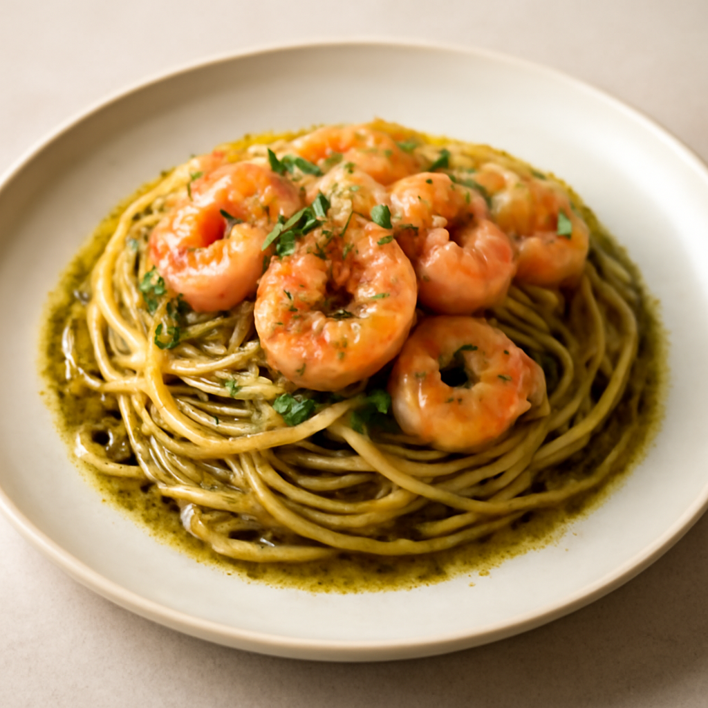 Spaghetti alla genovese con gamberi