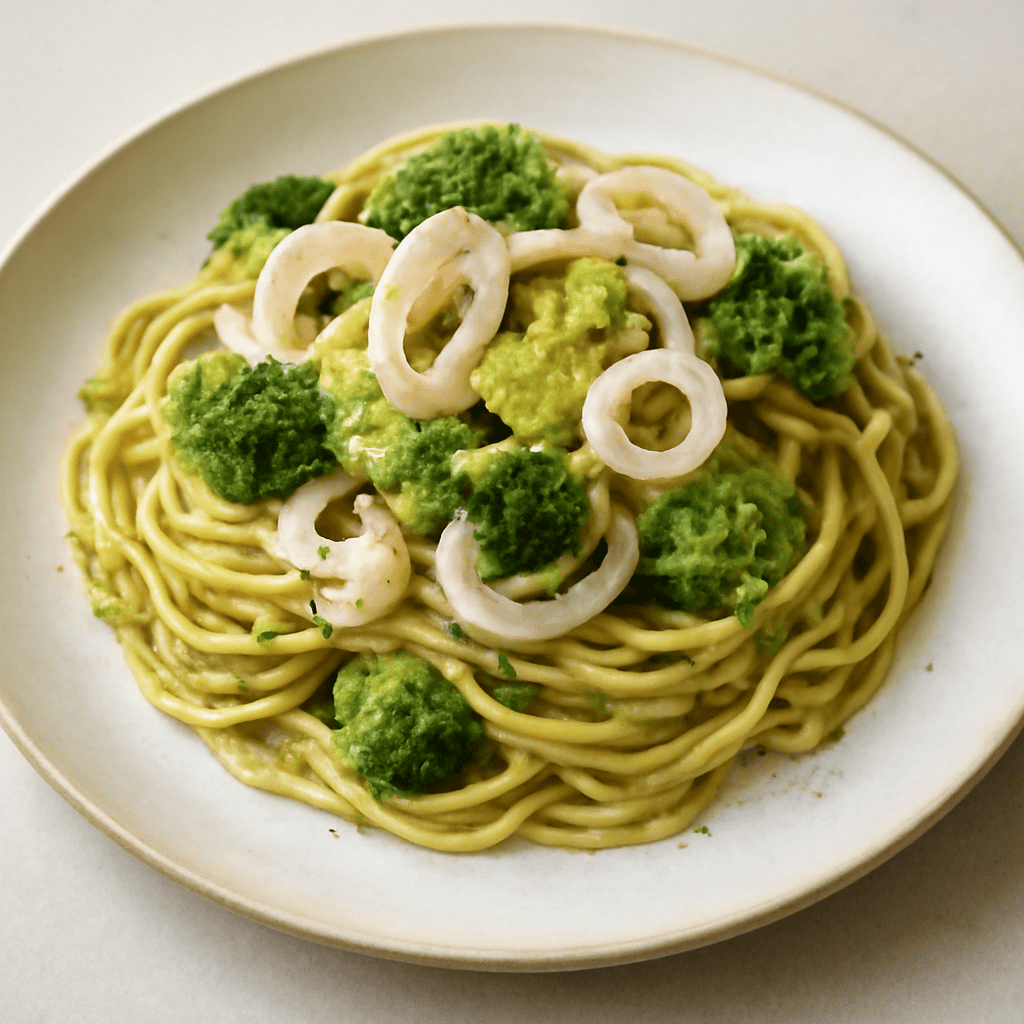 Spaghetti con crema di broccoli e calamaro
