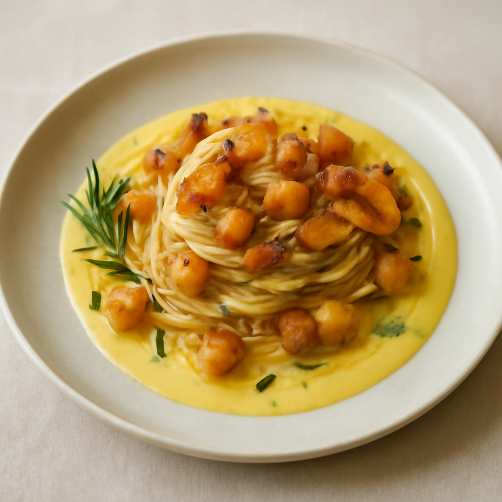 Spaghetti con dadolata di zucca al profumo di guanciale, timo e rosmarino con crema di pecorino allo zafferano