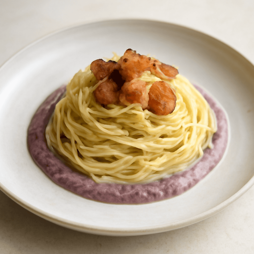 Spaghetti con guanciale su crema di cipolle rosse di Tropea