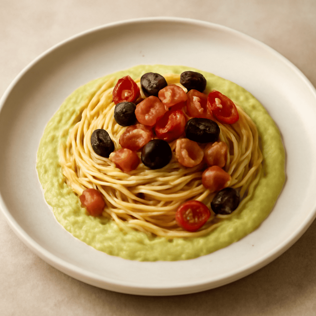 Spaghetti con pancetta e olive nere di Gaeta su crema di cavolo romano