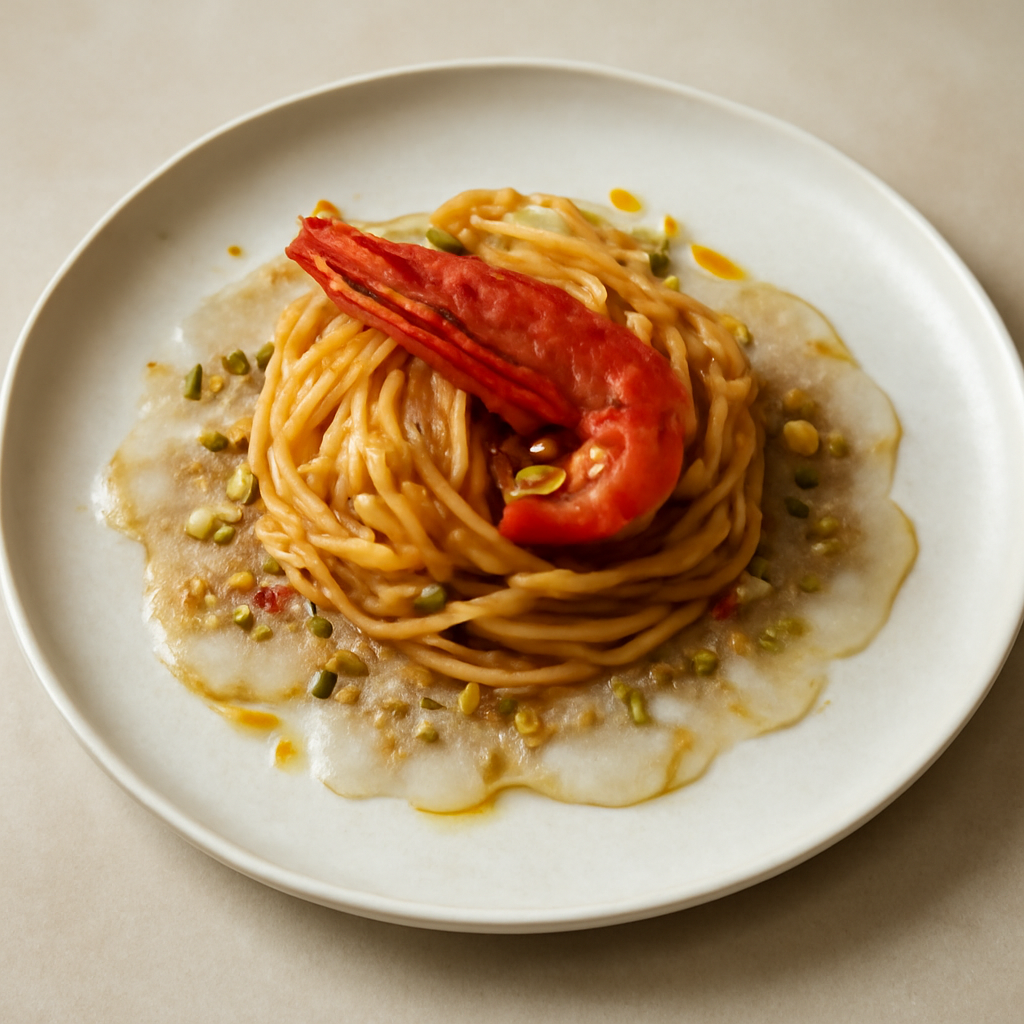 Spaghetti con ristretto di gamberi rossi su carpaccio di orata e pistacchi di Bronte