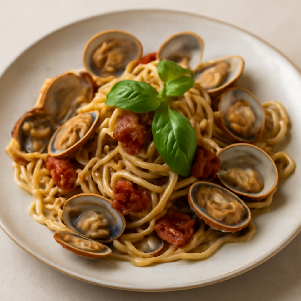 Spaghetti con vongole,pomodorini secchi e basilico