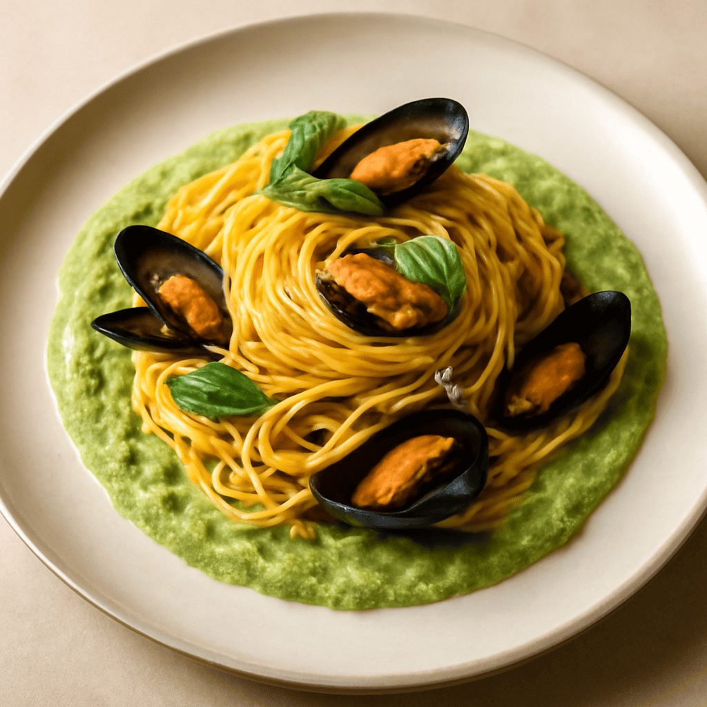 Spaghetti cozze basilico e zafferano su crema di asparagi e menta con parmigiano povero