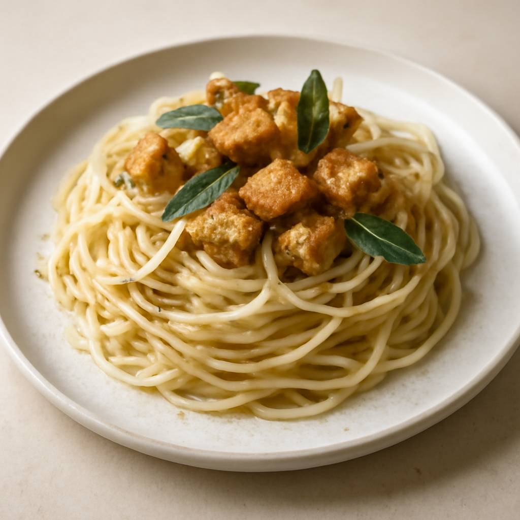 Spaghetti crema di pecorino e croccante di pane alle erbe