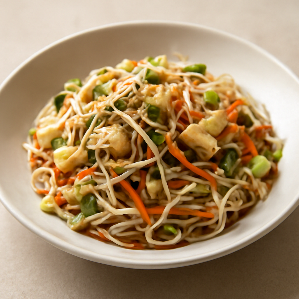 Spaghetti di Riso con Coriandoli di Verdure e Pollo