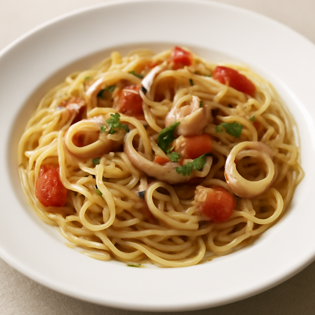 Spaghetti quadrati con calamari, gallinella e pomodorini