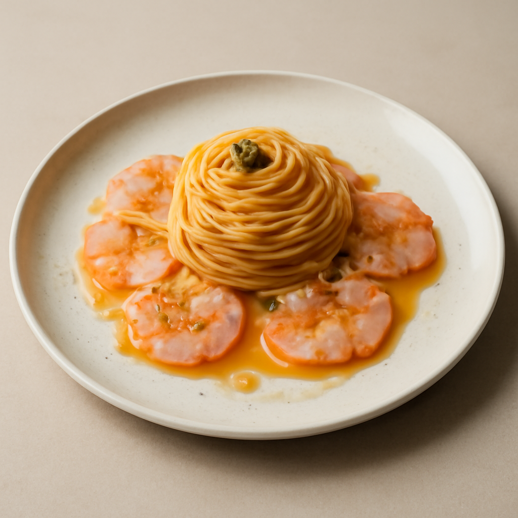 Spaghetti trafilati al bronzo con colatura di gamberi rossi e carpaccio di mazzancolle