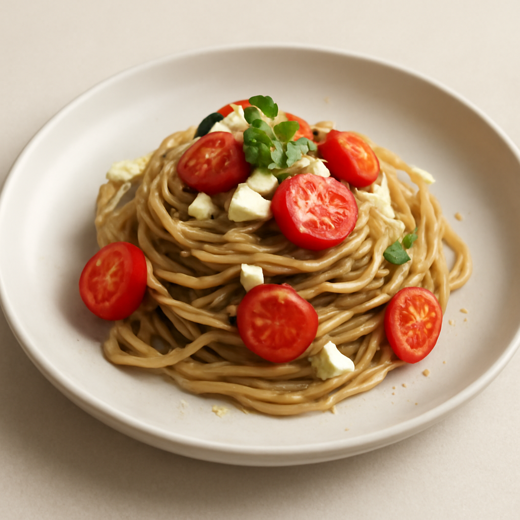 SPAGHETTONI CON CREMA DI MELANZANE,POMODORINI E FETA