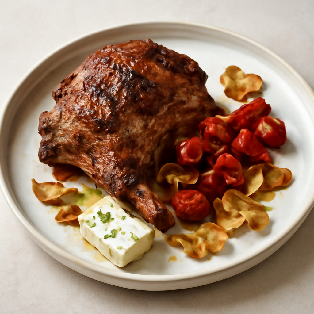 spalla d’agnello al forno con feta pomodori confee e funghi chips