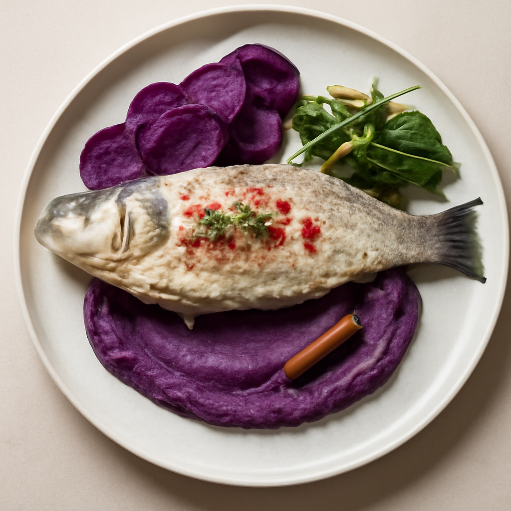 spigola cotta in crosta di sale al melograno su crema di patata viola aromatizzata alla cannella con fagiolini all’agro e chips di patata viola