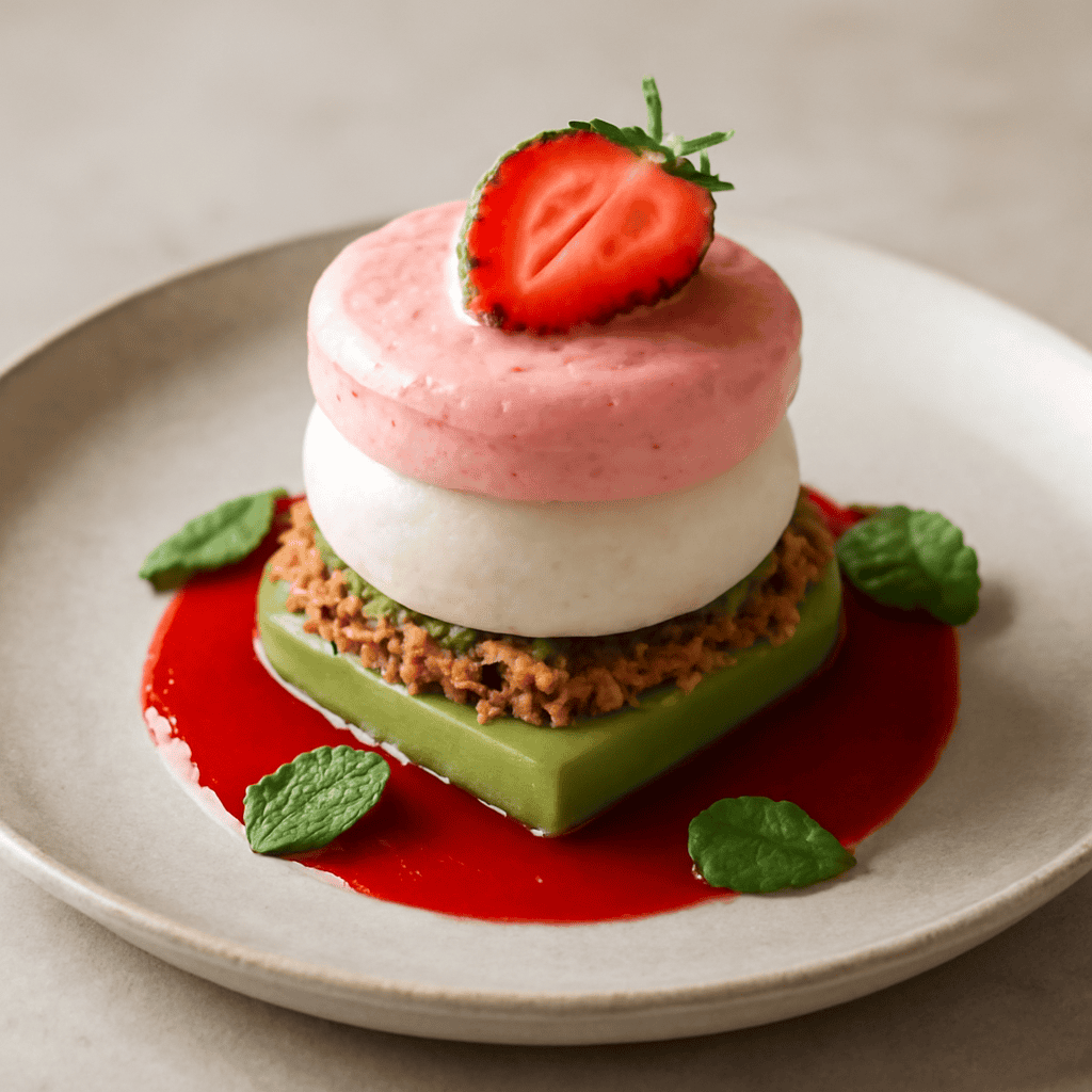 Spumoso alla fragola, yogurt e cocco su ganache di lime e menta
