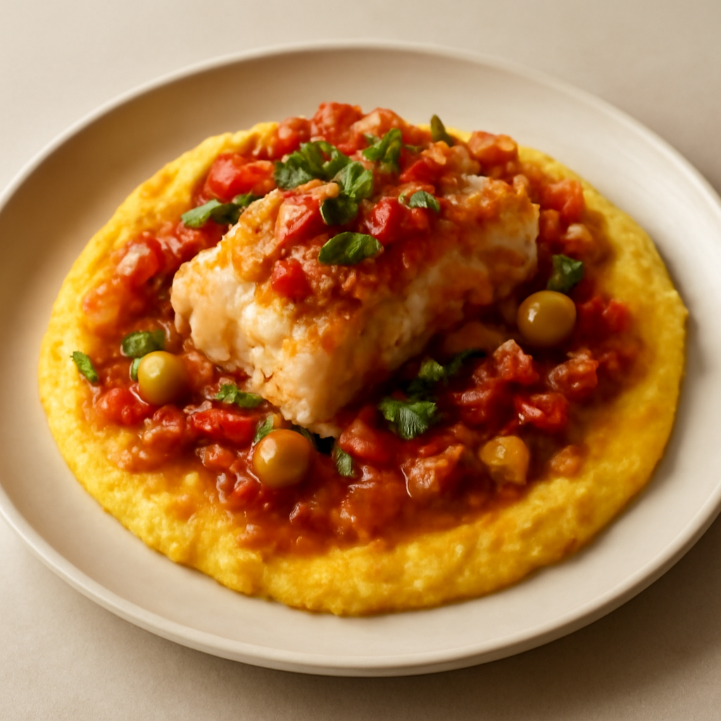 Stoccafisso in umido su un letto di polenta e concassè di verdure